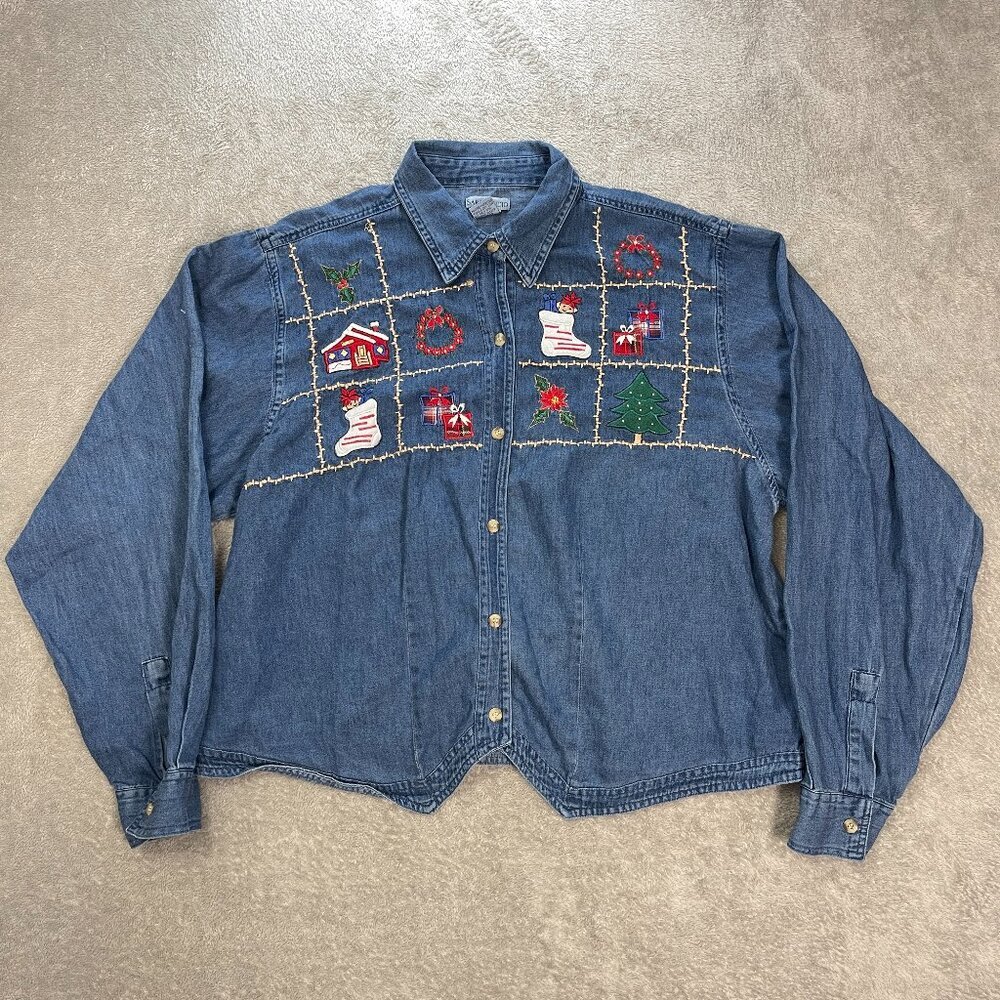Sara Studio Womens Grandma 3X Christmas Long Sleeve Button Up Blue‎ Denim Shirt